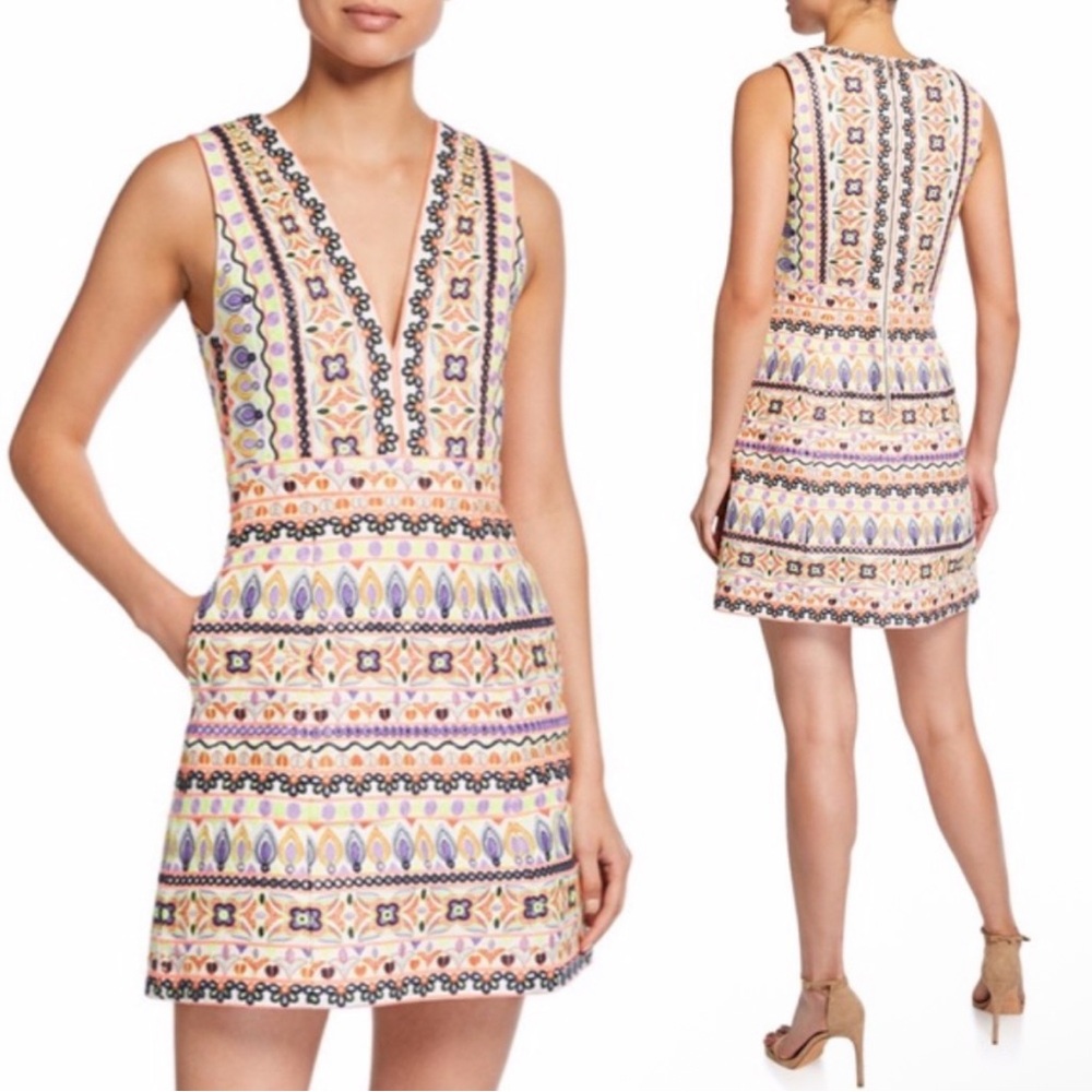 Alice + Olivia Embroiderer Sleeveless V-Neck Sheath Dress with Pockets